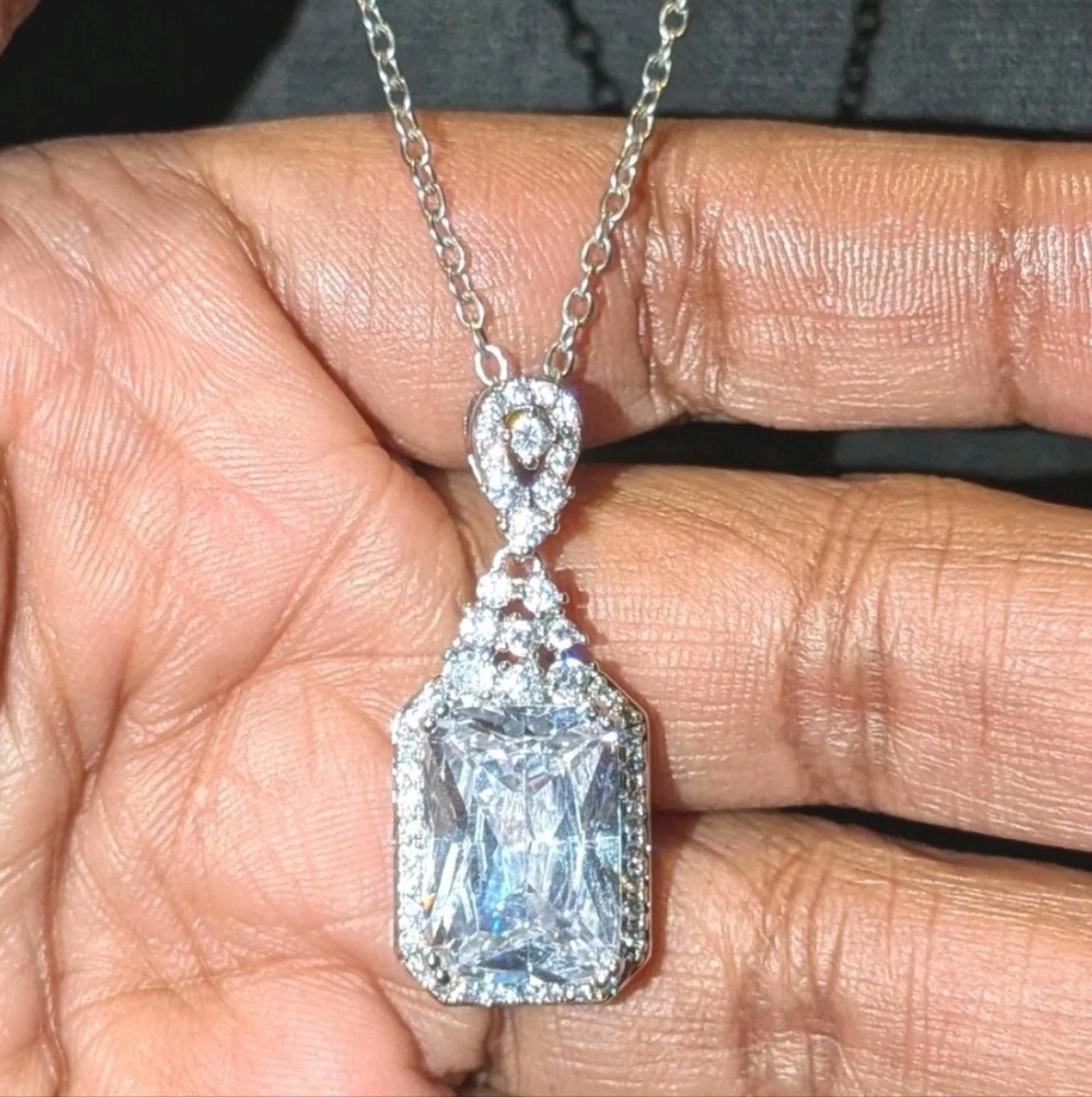 8.60 Ct Emerald Cut White Sapphire 18K White Gold Plated Silver Pendant+Chain